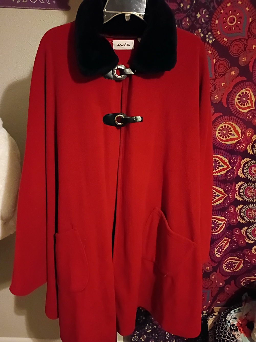 Red Wool Blend Coat with Black Faux Fur Collar